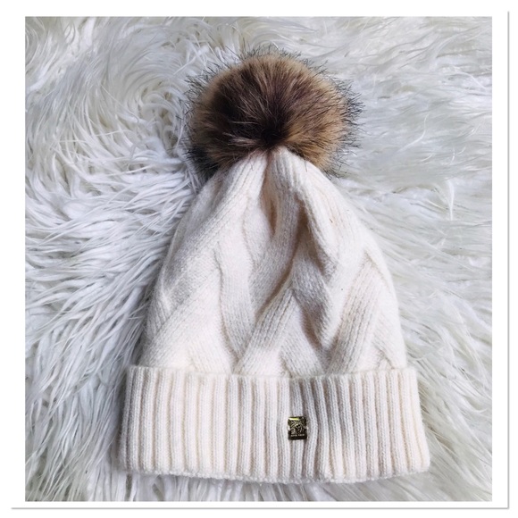 Anne Klein Accessories - Anne Klein Knit Beanie Hat Faux Fur Pom Pom Top Off White One Size Adult